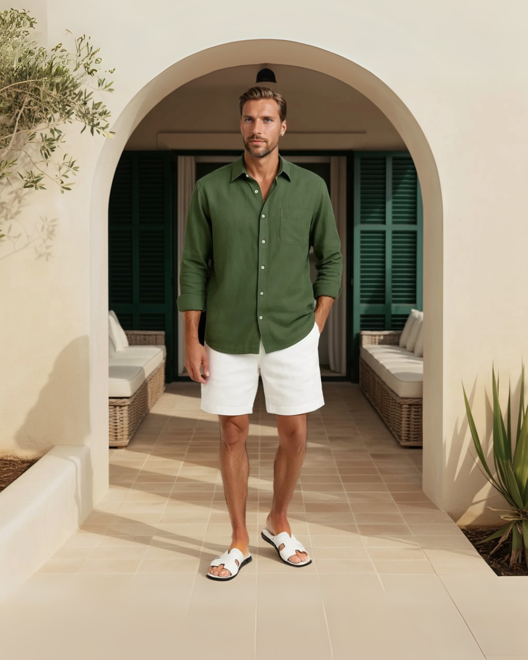 Conjunto de camisa com gola Resort em linho premium - Verde