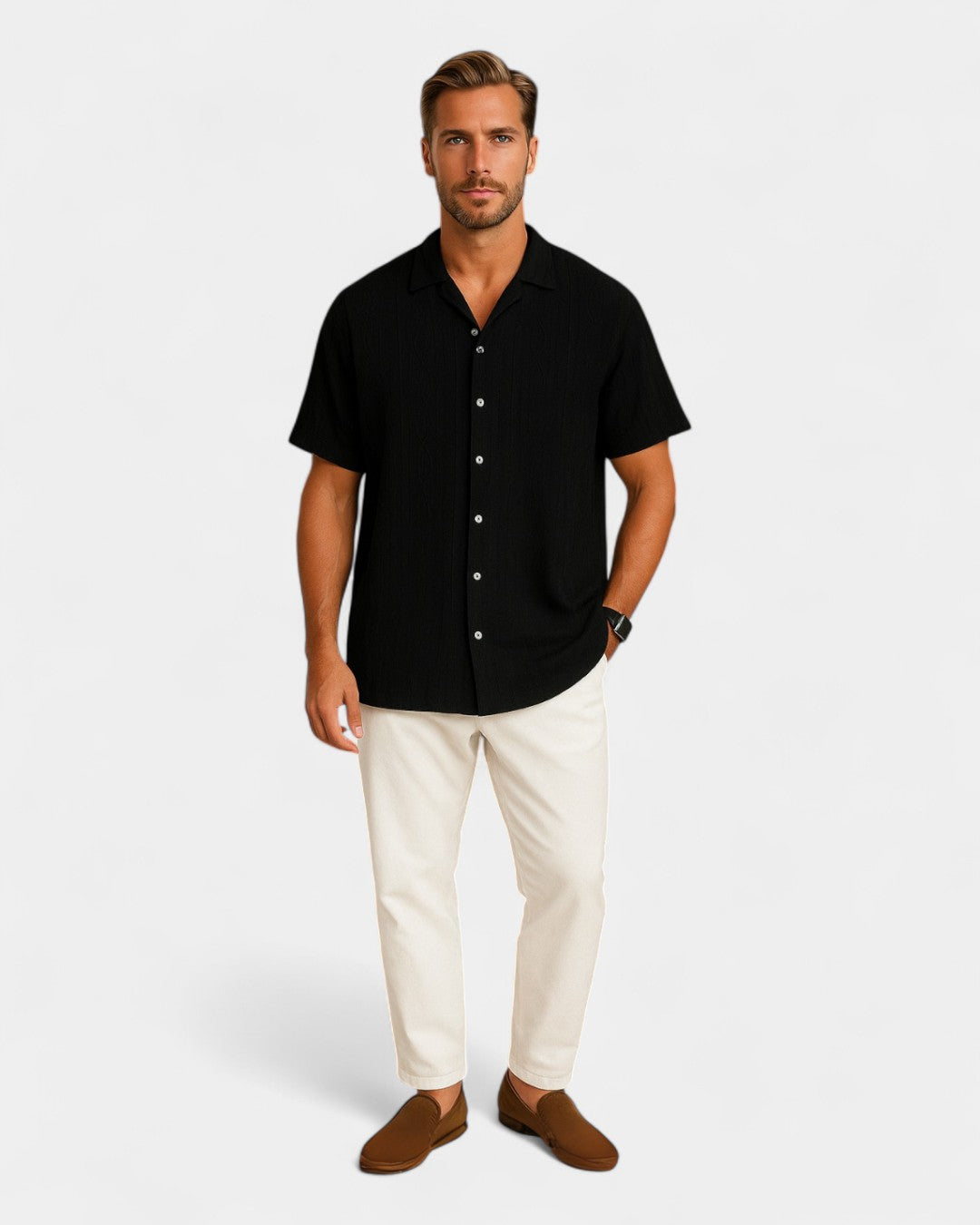 Conjunto cubano em linho texturado - Preto e branco