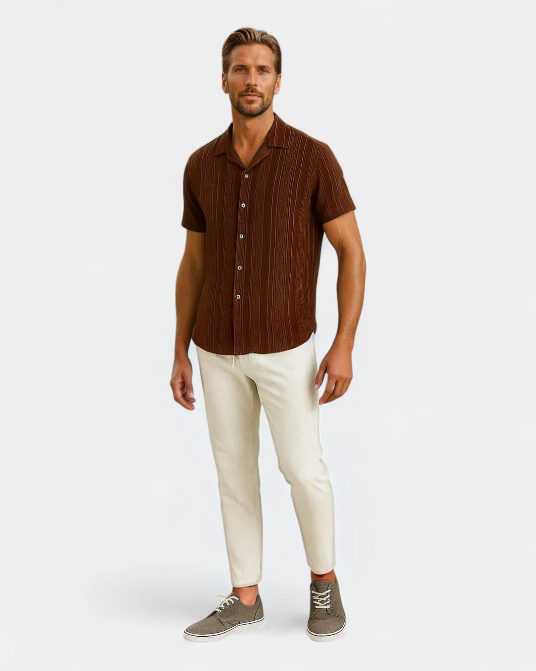 Conjunto cubano em linho texturado - Café e Branco