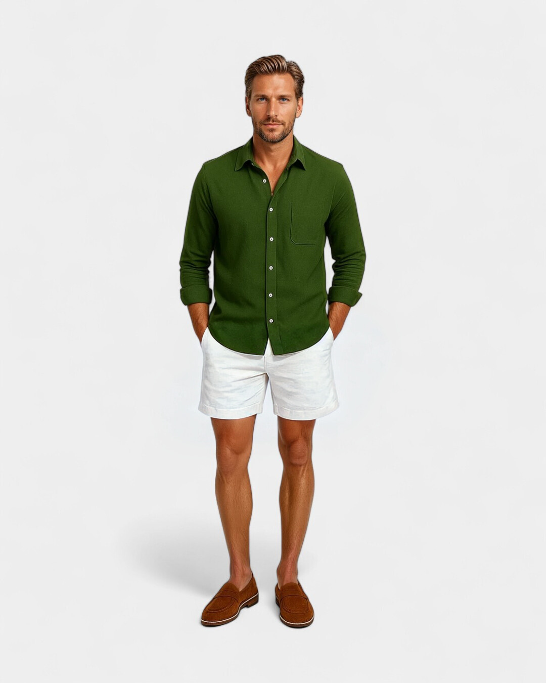 Conjunto de camisa com gola Resort em linho premium - Verde