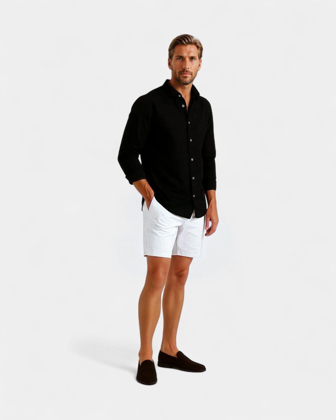 Conjunto de camisa com gola Resort em linho premium - Preto